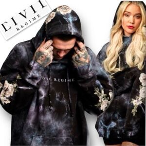 CIVIL REGIME BLACK & WHITE TIE DYE UNISEX HOODIE sz S KANGAROO POCKET EMBROIDERY